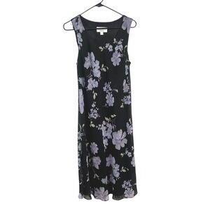 Dark Romantic Floral Midi Dress 14P Sleeveless Black Purple Flowy‎ Moody